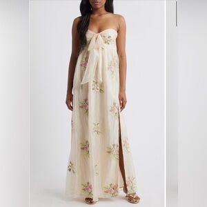 Lulu's Fiona Floral Embroidery Strapless Maxi Dress